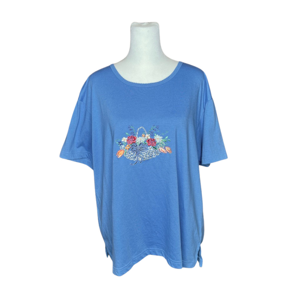 Vtg 90s Womens T-Shirt Cornflower Blue Embroidered Cottagecore Whimsical Nature
